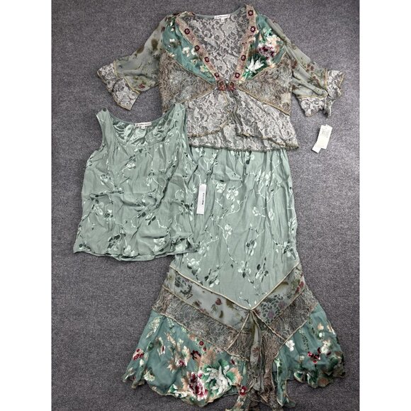 Spencer Alexis 3-Piece Skirt Set Womens Medium Green Floral Lace Beaded Made USA - Picture 1 of 12